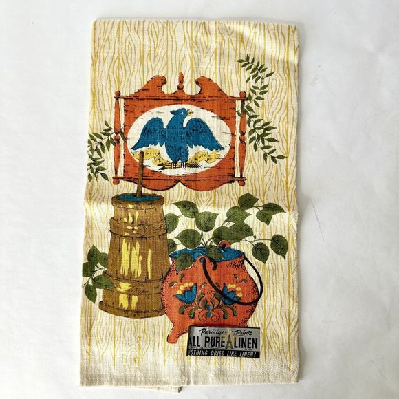 Vintage Parisian Prints Pure Linen Tea Towel - '70's New With Label Eagle USA - Picture 1 of 6